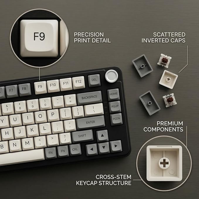 133 Keys PBT Dye Sublimation Keycaps, Retro Grey White Minimalist Keycap Set, XDA Profile Custom Keycaps for Mechanical Keyboard 60% 65% 75% 100% Cherry MX Switches
