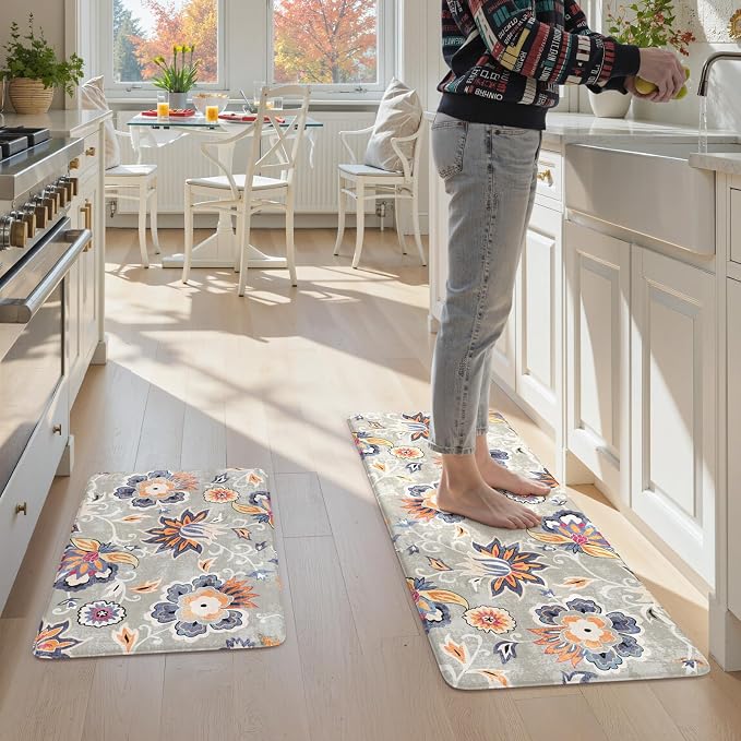 LEEVAN Anti Fatigue Kitchen Mats for Floor, Cushioned Kitchen Mat Set 2PCS | 20"x31"+20"x47", Boho Floral Blue Gray Kitchen Rugs Non-Slip, Waterproof Ergonomic Standing Mats for Laundry, Office, Sink