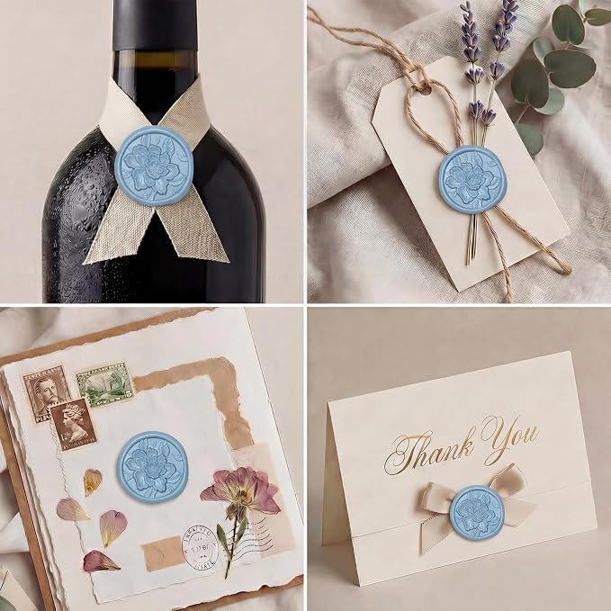 UNIQOOO Wax Seal Stickers - 3D Vintage Floral Wedding Invitation Envelope Botanical Seal Stickers, 50 Pcs Self- Adhesive Dusty Blue Flower Stickers, Perfect for Invitation, Gift Wrapping, Party