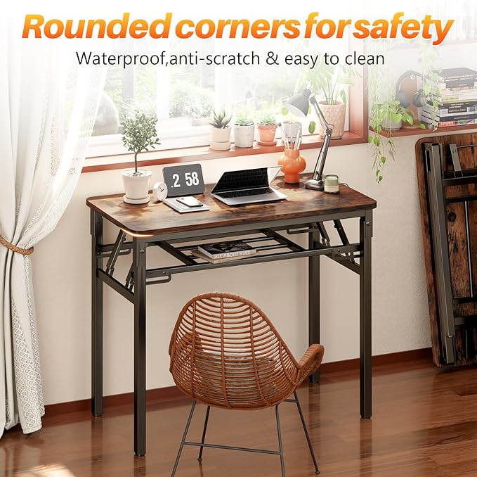 BYMECOST 31.5 inches Folding Desk Small Desk, No Assembly Computer Desk with Storage Shelf, No Install Small Foldable Table for Home Office,Study Table for Small Space (Brown, 31.5")