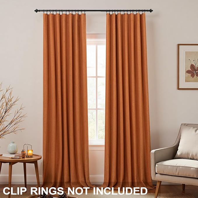 KOUFALL Bohemian Curtains for Dining Room,Burnt Orange Linen Boho Farmhouse Blackout Black Out Eclectic Living Room Curtains Drapes 96 Inches Long 2 Panel Set