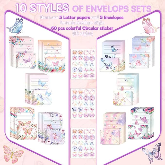 TaoBary 160 Pcs Stationery Paper Set 50 Double Sided Stationery Papers with 50 Matching Envelopes and 60 Round Dot Sticker, 10 Design(Watercolor Butterfly,5.5 x 8.25 Inch)