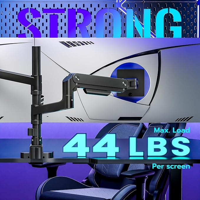 ARES WING Dual Monitor Arm Desk Mount for 17-49 Inch Ultrawide Monitors, Heavy Duty Dual Monitor Mount Holds 44 lbs, Full Motion Gas Spring Vertical Monitor Mount, 75/100 VESA Mount, Black