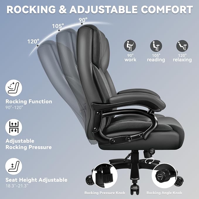 Big and Tall Office Chair 500lbs with Lumbar Support, Ergonomic Heavy Duty Black Office Chair, Leather Office Executive Chair with Quiet Rubber Wheels, Grey Office Comfortable Chair for Heavy People