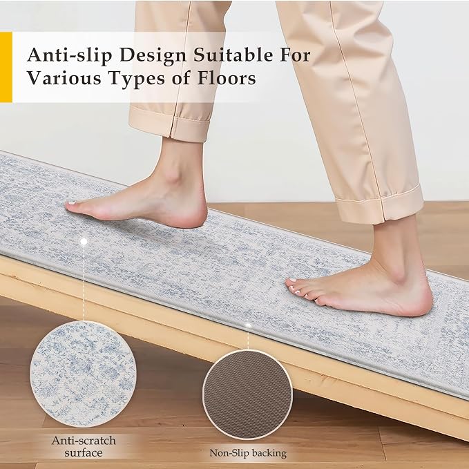 PureCozy Kitchen Mats 2PCS Anti Fatigue Cushioned Mat Light Blue Vintage Kitchen Mats for Floor Waterproof Non Slip Comfort Standing Retro Floral Rug for Sink Laundry Office 17.3"x47"+17.3"x30"