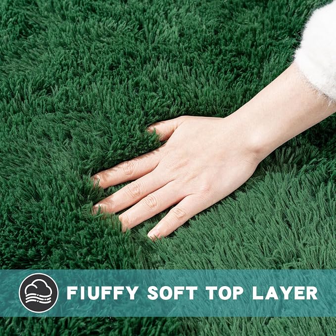 Green Area Rug for Bedroom, 2x3 Small Rugs for Living Room Nursery Kids Room Dorm Home Decor Aesthetic, Fluffy Shaggy Rug with 4 Anti-Slip Carpet Tapes, Dark Green