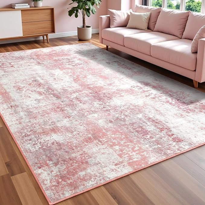 Macgace Washable Abstract Rug, 3x5 Modern Area Rugs with Non-Slip Rubber Backed for Bedroom, Thin but Soft Contemporary Carpet Kitchen Living Room Decor, Pink