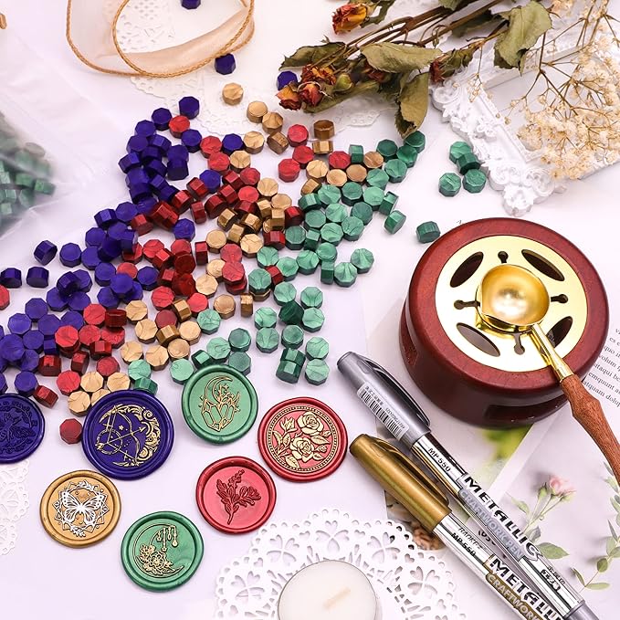 SWANGSA Sealing Wax Kit, 1450pcs Sealing Wax Beads Metallic Green, Wax Seal Warmer, Wax Spoon, Gold Wax Seal Pen and Tealight Candles for Wax Stamp Letter Sealing