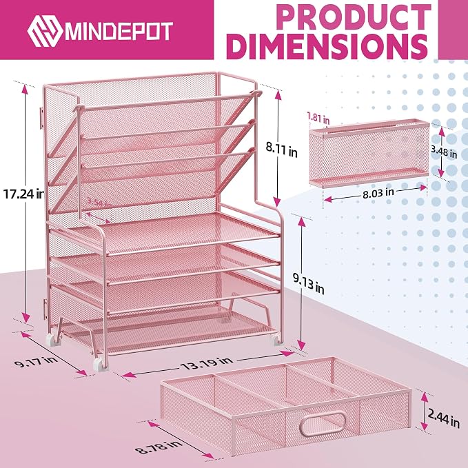 MINDEPOT 4-Tier Paper Organizer + 3-Pocket File Holder + Drawer + Pen Holders, Desktop File Organizers Paper Tray for Office Supplies School Classroom Organization (Pink, with Drawer & Pen Holder)