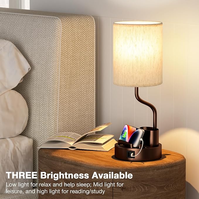 Bedside Table Lamps for Bedroom Set of 2 - Nightstand Lamp with AC Outlet Charging Port and USB A C, 3 Color Temperatures, Included Phone Holder & Pen Holder, Brown Night Stand Lamps for Guest Room