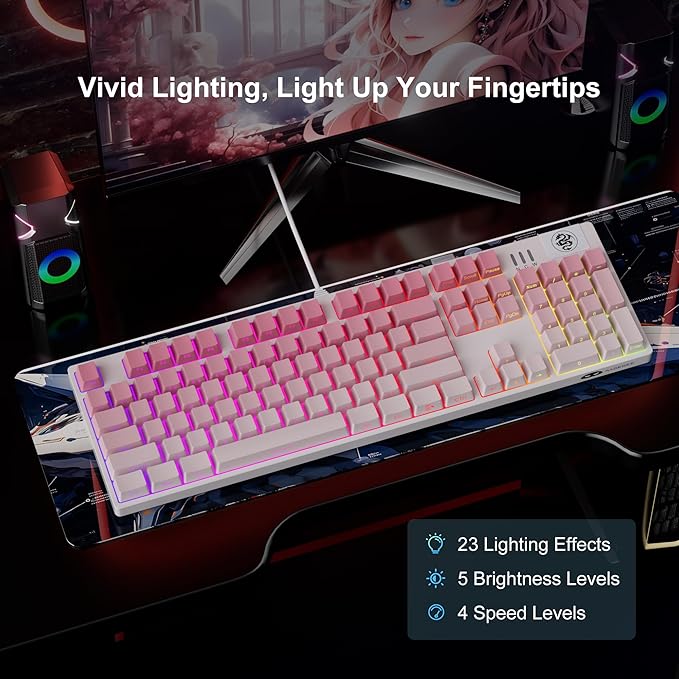 MageGee MK-Storm Mechanical Gaming Keyboard, 104 Keys Wired Light Up Keyboard with Linear Red Switch, RGB Backlit, Side Printed Keycaps, N-Key Rollover for Laptop, Desktop, PC (Gradient Pink)
