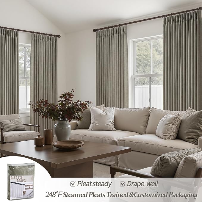 Sepia Ebony Blackout Curtains 86 Inches Long for Classroom 2 Panels Set, Memory Trained Pinch Pleated Insulated Sound Dampening Farmhouse Two Layer Linen Light Blocking Windows Drapes with Hook & Ring