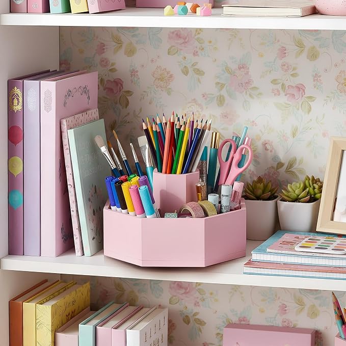 360° Rotating Pencil Holder for Desk Bamboo Rotating Marker Pen Desk Organizer Art Supply Gifts or Desktop Storage Caddy, Crayon, Marker, Pencil(Light Pink)