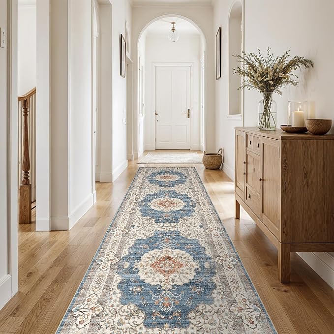 3x10 Washable Hallway Runner Rug:Oriental Indoor Kitchen Rugs Vintage Door Mat Non Slip with Rubber Backing Low Pile Thin Carpet for Bedroom Bathroom Living Room Bedside (3x10 Blue/Beige)