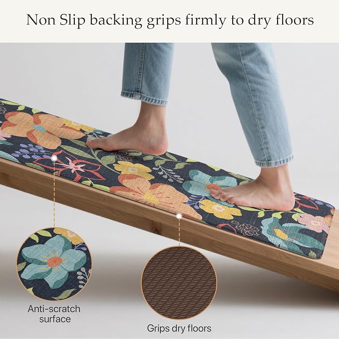 GENIMO Anti Fatigue Kitchen Mats for Floor 2PCS, Cushioned Standing Mats | 17.3"x47"&17.3"x30", Light Black vintage floral rug set, waterproof, non slip, easy-clean for farmhouse