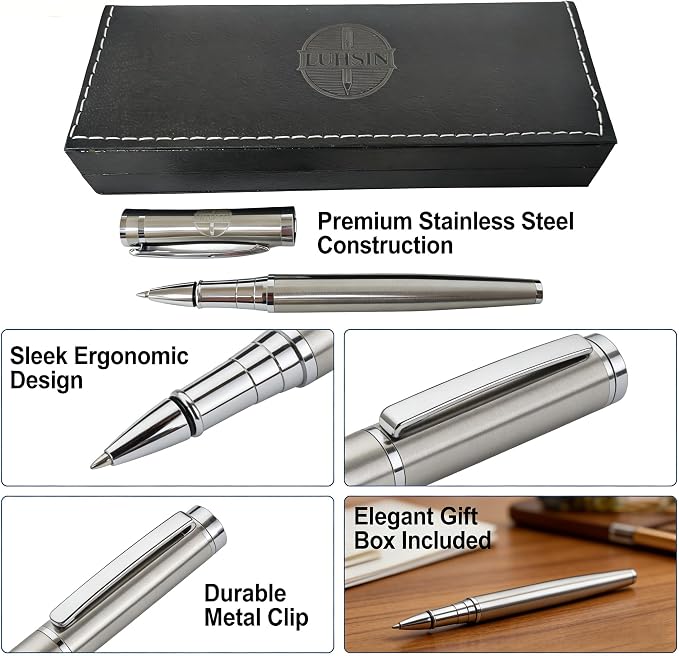 LUHSIN Brushed Silver Metal Rollerball Pen - 0.5mm Smooth Writing Professional Pen, Luxury Executive Gift Set for Men & Women, Office Signature Pen