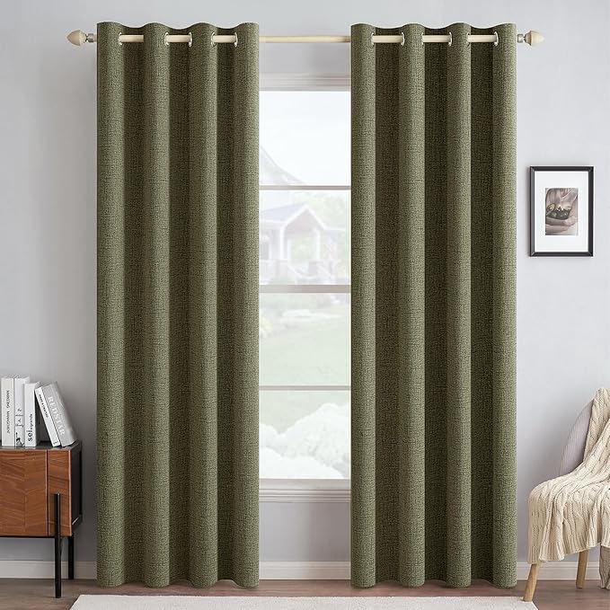 MIULEE Linen Texture Curtains for Bedroom Solid 100% Blackout Thermal Insulated Light Olive Green Curtains Grommet Room Darkening Drapes for Living Room 52x90 Inch (2 Panels)