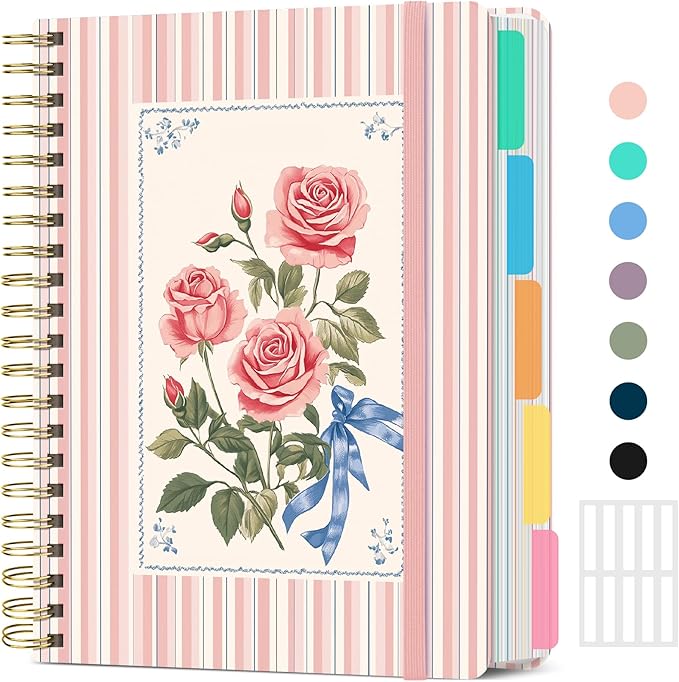 Large Spiral Lined Notebooks for Work with Removable Dividers & Tabs, 8.5"x11" Pretty Hardcover 5 Subject Notebook Journal for Women, College Ruled, Perfect for Study & Office Organization, 280 Pages, Rosette Bow