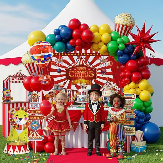 Circus decorations include Red Blue Yellow Balloon garland kit & foil hot air popcorn lion balloons & striped banner & Backdrop road sign paper for carnival circus theme party decorations