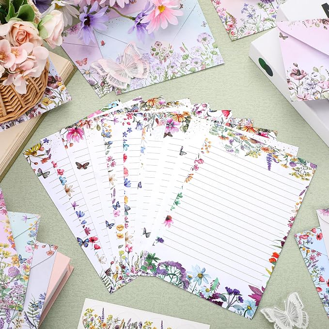 TaoBary 160 Pcs Stationery Paper Set 50 Double Sided Stationery Papers with 50 Matching Envelopes and 60 Round Dot Sticker, 10 Design(Wildflower,5.5 x 8.25 Inch)