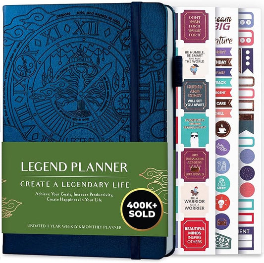 Legend Undated Weekly Planner – Goal Planner Journal & Organizer Notebook – Agenda Book with Monthly Calendar & To-Do List, A5 (Mystic Blue)