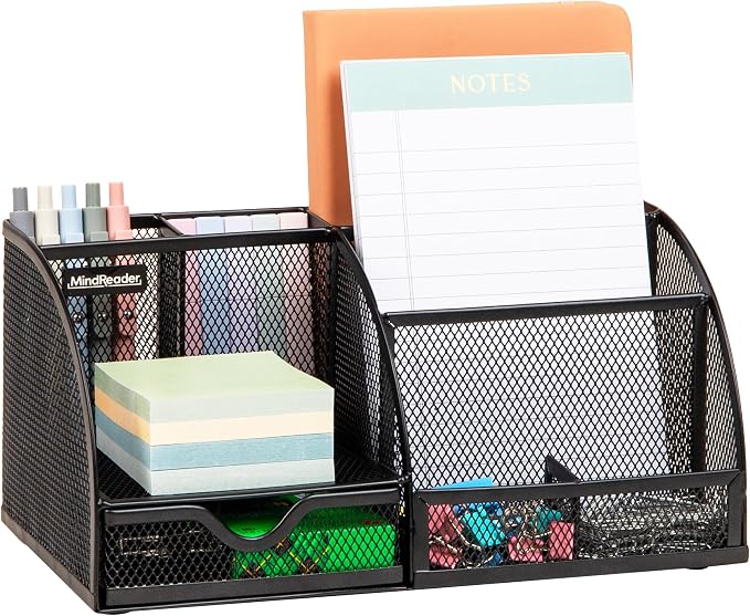 Mind Reader 7-Compartment Desktop Organizer, Metal Mesh Desk Organizer for Pens, Sticky Notes, Mail and Office Supplies, Black
