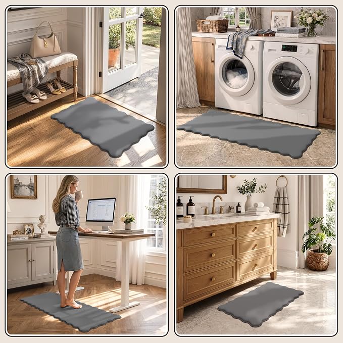 KIMODE Anti Fatigue Kitchen Mats for Kitchen Floor,Scalloped Kitchen Rugs Sets of 2 Non Slip,Cushioned Padded Memory Foam Kitchen Floor Mat Carpet for Office Laundry Sink,Grey