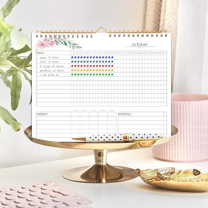 Habit Tracker Calendar - 12 Months Undated Daily Weekly & Monthly Period Habit Tracker Journal, Greenery Floral, Spiral Binding & Hanger, 7.8"x10"