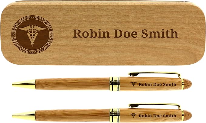Vet Gifts Customized Veterinarian Pen Gift Set Personalized Engraved Bamboo Wood Gift 2 Pen Case Set