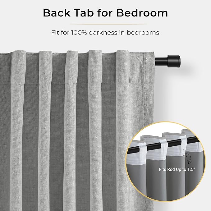 INOVADAY 100% Blackout Curtains for Bedroom, Dove Grey Black Out Curtains 90 Inch Long, Clip Rings Linen Blackout Drapes, Thermal Insulated Room Darkening for Living Room, 2 Panels - W50xL90
