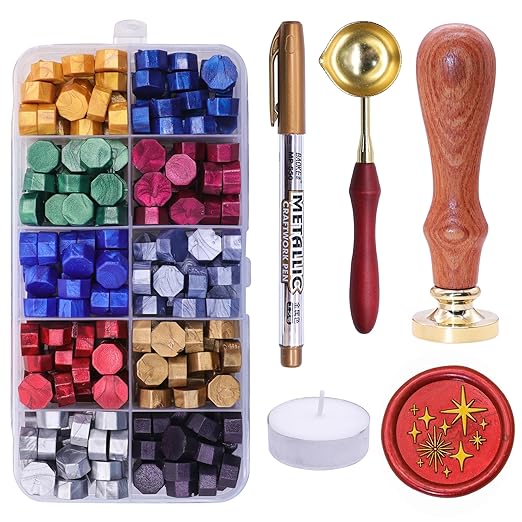 SWANGSA Star Wax Seal Stamp with 200pcs Sealing Wax Beads Kit, Great for Embellishment of Wedding Invitations, Wine Packages, Gift Wraps