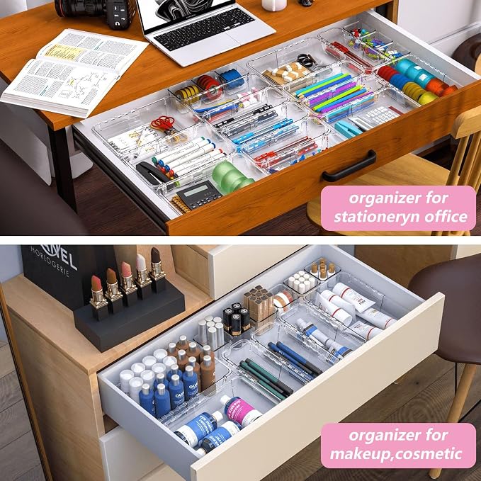 15 Pcs Adjustable Clear Drawer Organizer, 2 Size Plastic Extendable Desk Drawer Organizer Trays,Expandable Storage Bins for Bathroom Vanity Kitchen Organization and Storage,Makeup, Jewelry, Gadgets