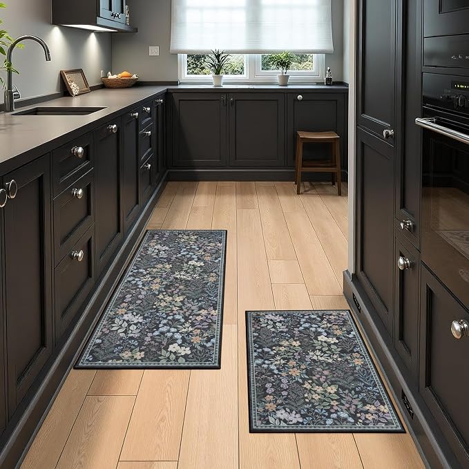 GRANNY SAYS Boho Kitchen Rug Sets of 2, Non Slip Washable Faux Wool Kitchen Mats for Floor, Thick Soft Anti-Fatigue Comfort Standing Mat Runner Rugs for Hallway Laundry Room, Black Flower