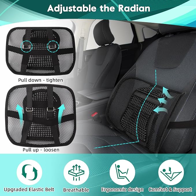 Samyoung Mesh Lumbar Support for Office Chair and Car Seat | 12 x 16 Inch Breathable Double-Layer Mesh Back Support with Elastic Chair Strap & Support Beads for Firm, Comfortable Support
