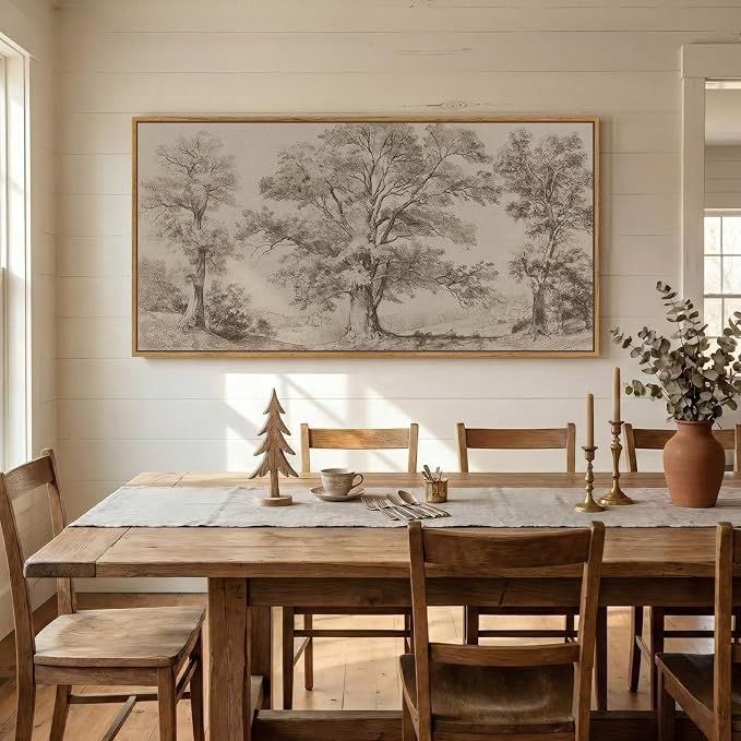 Framed Vintage Landscape Canvas Wall Art for Living Room, Extra Large Horizontal Rustic Tree Botanical Picture Prints Paintings, Neutral Wabi Sabi Artwork Decor for Bedroom Entryway 60x30 Inch