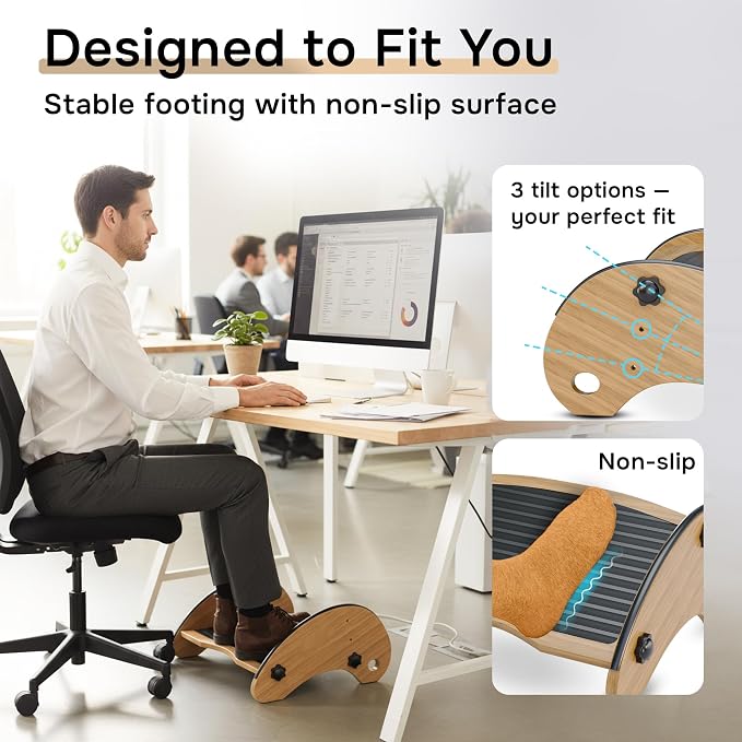 Bamboo Foot Rest for Under Desk at Work, Adjustable Foot Stool, 2-in-1 Reversible Rocking Footrest, Static Leg Rest, 16in Wide Surface, Non-Slip Breathable Pad, Home Office Ergonomic Support at Work