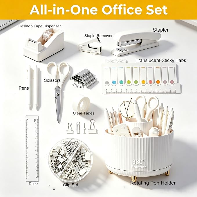 Office Supplies Set Rotating Pen Holder for Desk with Stapler Staple Remover, Tape Dispenser,Tape Refills, Binder Paper Clips Kit, Scissor,Pen, Ruler & Sticky Tabs,White Office School Supplies(White)