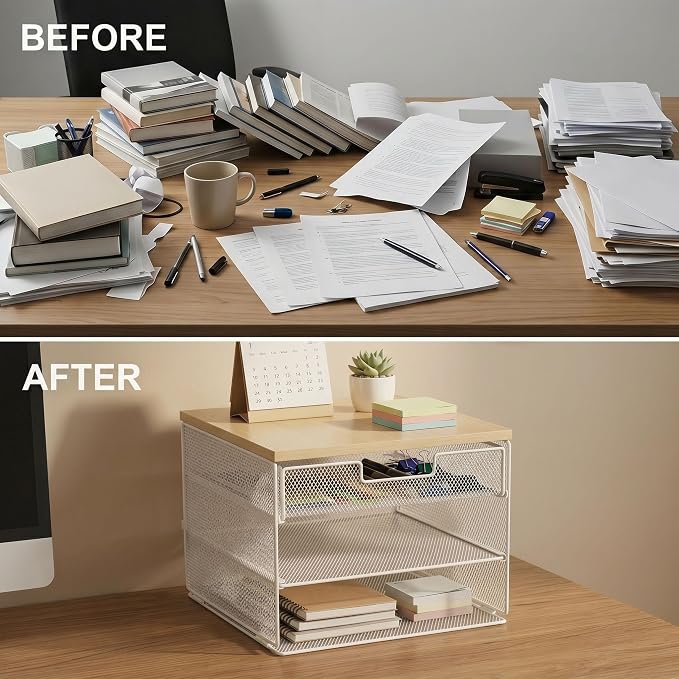 4-Tier Mesh Desk Organizer and Accessories with Drawer Wooden Top Desktop Organizers Letter Tray Paper Organizer File Holder for Home Office School White