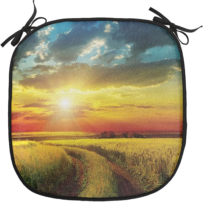 Lunarable Rural Chair Cushion Pads Set 12, Sunset Over Field Sun Bursting Through Colored Dramatic Clouds Scenic Picture, Anti-Slip Seat Padding for Kitchen & Patio, 16"x16", Orange and Yellow