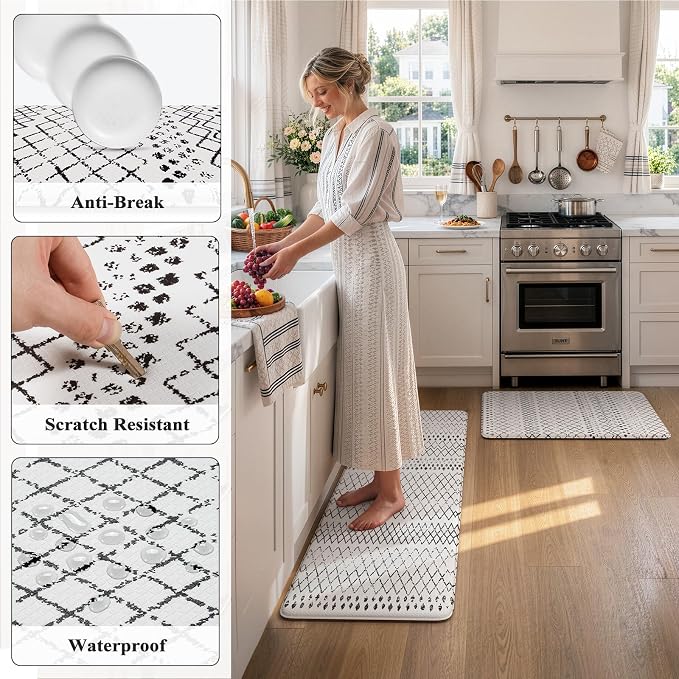 KIMODE Kitchen Mats 2PCS,Cushioned Anti Fatigue Kitchen Rugs and Mats,Non Skid Waterproof Kitchen Mats for Floor,Comfort Foam Standing Mat for Home Decor, Office,Sink,Laundry Room,Desk,Black and White