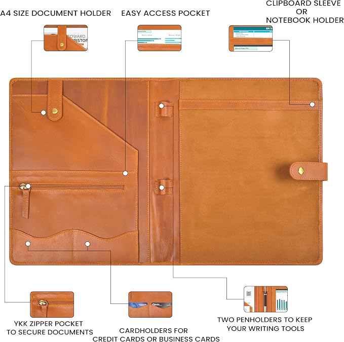 Leather Resume Portfolio Folder for Interview, Professional Padfolio Organizer Binder A4, Graduation & New Job Gift for Men Women – Tan