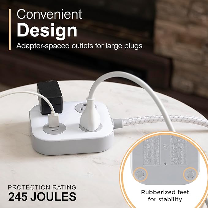 GE UltraPro 3-Outlet Surge Protector with 4ft Braided Cord, Power Strip, Extension Cord, Flat Plug, 1 USB-A & 1 USB-C Port, 245 Joules, for Home School & Office, Charging Station, White – 81786