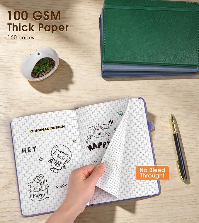 A5 Leather Hardcover Graph Paper Notebook, 160 Pages (5 Squares/Inch), 180° Lay-Flat Binding, 100 GSM Thick Paper, for Math, Engineering, Students & Technical Work (Purple)