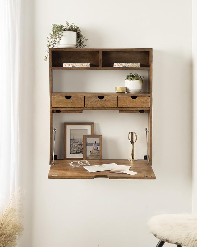 Kate and Laurel Georgie Rustic Wood Floating Desk; 26 x 6 x 30; Natural Wood; Bohemian Computer Desk for Home Office with Folding Design