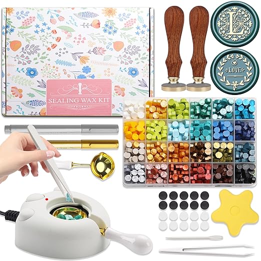 Flower Initial Alphabet L & Eucalyptus Wax Seal Stamp Kit with 2 Brass Heads Electric Wax Seal Warmer 600 Sealing Beads Ideal for Wedding Invitation Gift Wrapping Christmas (Floral L Kit)