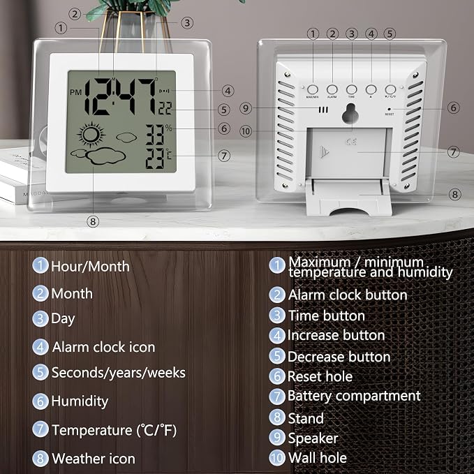 Small Clock Digital Battery Operated Alarm Clock with Auto Backlight, Indoor Temperature Humidity, 12/24H, Date, Travel Alarm Clock Desk Clock Small Clock for Shelf (Battery Included)