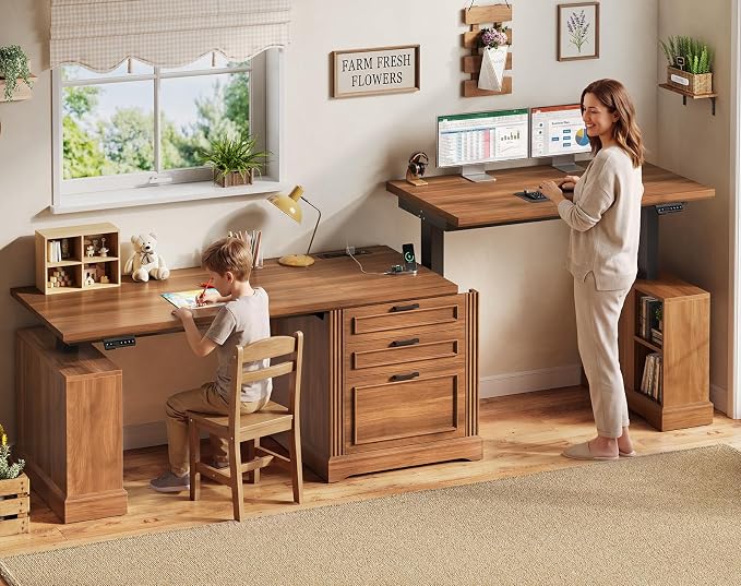 SEDETA Standing Two Person Desk, 98.4'' Farmhouse Long Computer Desk with 3 Drawers, Storage Cabinet, Electric Height Adjustable 2 Person Desk with Power Outlets for Home Office, Brown