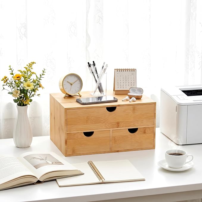 Desk Organizer with Drawers - Bamboo Desktop Organizer Storage | Wood Desk Drawers Organizer for Bills, Office Supplies, Cosmetics, Seals No Assembly Required