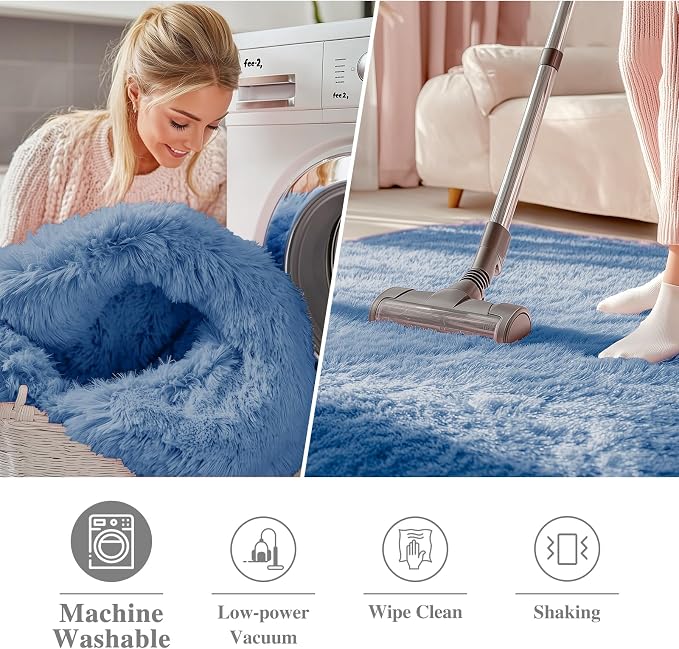OLANLY Blue Round Rugs for Bedroom - Machine Washable, 9 ft Circle Area Rugs for Living Room, Soft and Fluffy Shaggy Carpet for Teen Girl and Boys, Nursery Rooms, Dorms, Home Decor Aesthetic