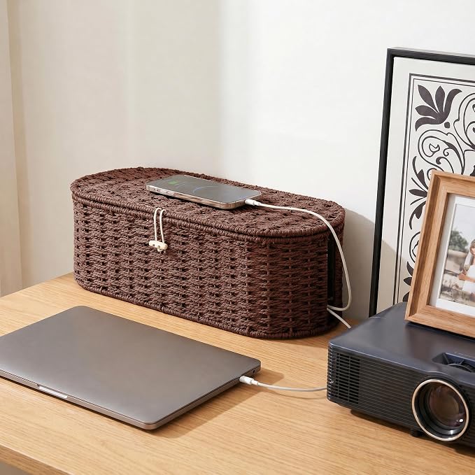 Set of 2 Cable Management Box, Handwoven Cord Hider Box with 3 Open Slots | Cable Organizer Box with Lockable Lid, Cord Storage Box to Hide Power Strip, Router, USB Hub, TV Wires for Home, Office